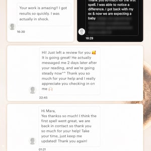 May include: A digital display of four customer testimonials presented as chat bubbles. The text includes messages thanking Mara for spells and readings, mentioning relationship reconciliation and pregnancy. The bottom features icons for real people, stories, and results.