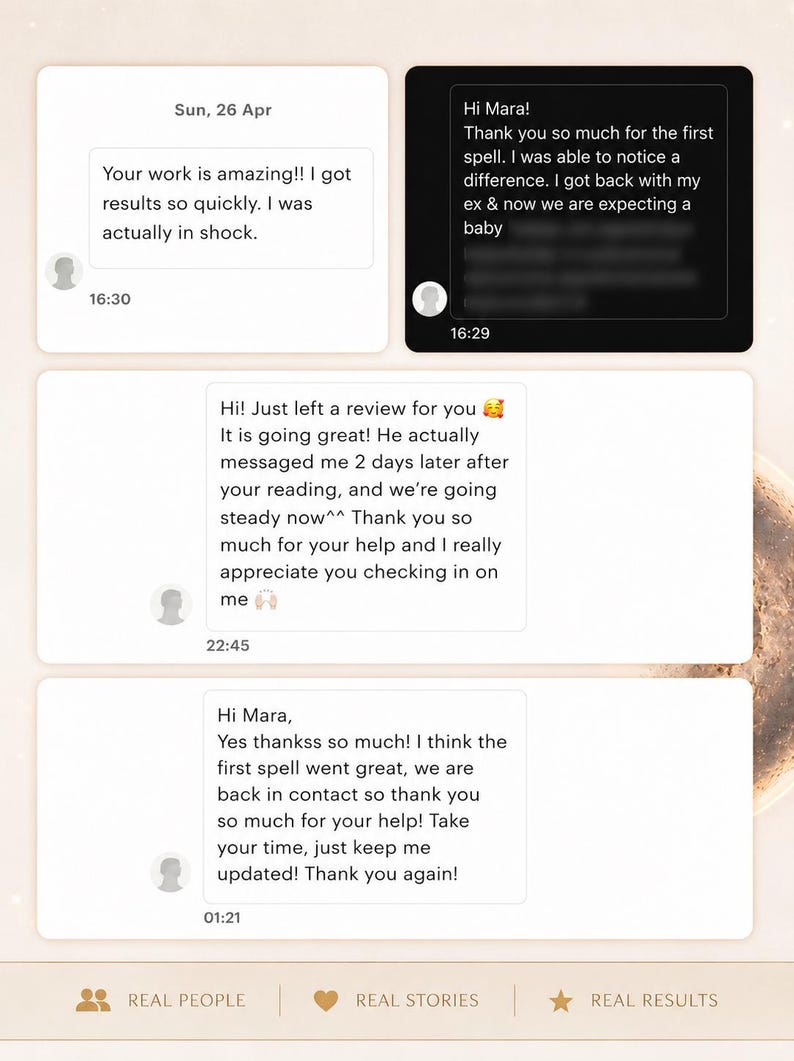 May include: A digital display of four customer testimonials presented as chat bubbles. The text includes messages thanking Mara for spells and readings, mentioning relationship reconciliation and pregnancy. The bottom features icons for real people, stories, and results.