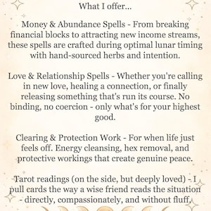 May include: A beige informational card featuring gold moon phase icons at the top and bottom, with text detailing services: Money & Abundance Spells, Love & Relationship Spells, Clearing & Protection Work, and Tarot readings, accented by small gold stars.
