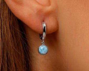 Boucles d'oreilles pendantes rondes en larimar, créoles en argent 925, petits clous de pierres précieuses bleu clair, cadeau bijoux de demoiselle d'honneur pour femme, bijoux d'été
