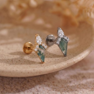 Moss Agate Kite Flat Back Studs, Sterling Silver Diamond Earrings, Green Crystal Piercing Jewelry, Bridesmaid Gift