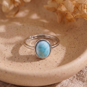Könnte beinhalten: Ein Silberring mit einem glatten, ovalen, hellblauen Larimar-Edelstein, der in einer einfachen Metallfassung sitzt. Der Ring hat eine polierte, dünne, abgerundete Ringschiene, die die natürliche, marmorierte Textur des Steins zur Geltung bringt.