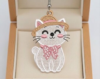 Diseño de bordado de pendientes de gato FSL, pendientes FSL, pendientes de encaje independientes con forma de gatito, bordado a máquina de adorno de gato, descarga digital
