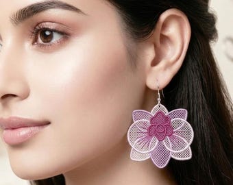 Pendientes de flores FSL, bordado de orquídeas FSL, diseño de bordado de pendientes de orquídeas FSL, pendientes de flores de encaje independientes, descarga digital
