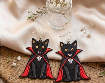 Diseño de bordado de gato de Halloween de FSL, patrón de pendientes de encaje de gato negro, adorno de gato de encaje independiente, pendientes de gato góticos, descarga digital.