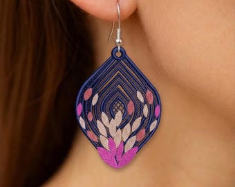 Diseño de bordado de pendientes de hojas en forma de lágrima FSL, pendientes bohemios de encaje independientes, pendientes FSL, descarga digital para bordado a máquina