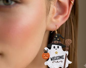 Pendientes independientes de encaje con forma de fantasma y diseño de calabaza con sombrero de bruja (descarga digital)