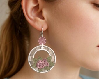 Diseño de bordado de pendientes de rosas FSL, pendientes florales de encaje independientes, archivo de bordado a máquina de joyería floral, descarga digital