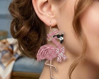 FSL Flamingo Earrings Embroidery Design, Freestanding Lace Earrings, Tropical Summer Machine Embroidery File, Digital Download,