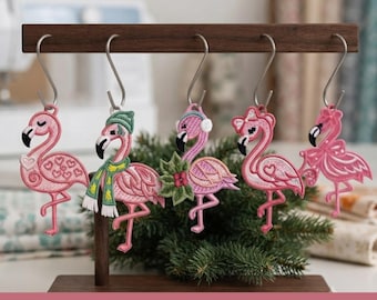 Pacote de bordado à máquina FSL para brincos de flamingo, brincos de renda independentes com pássaros de verão, joias tropicais em formato digital para download.
