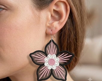 Diseño de bordado de pendientes de flores FSL, pendientes de encaje floral, joyería de encaje independiente, pendientes de flores bohemios, archivo de bordado a máquina