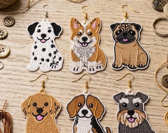 Paquete de diseños de bordado de pendientes de perro FSL, 6 pendientes de encaje independientes con forma de cachorro, archivos de bordado de adorno y llavero de perro, descarga digital