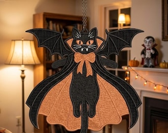 Diseño de bordado de adorno de gato vampiro de Halloween, decoración de gato negro con alas de murciélago, adorno gótico de Halloween, descarga digital para bordado a máquina