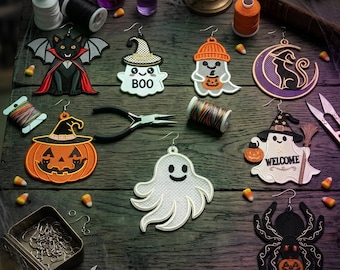 Paquete de 8 pendientes de Halloween FSL, bordado de encaje independiente, diseño de pendientes de fantasmas de Halloween FSL, pendientes de calabaza FSL, descarga digital