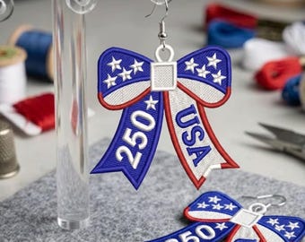 Pendientes con lazo de la bandera estadounidense de FSL. Pendientes de encaje con lazo patriótico. Diseño de bordado a máquina del 250 aniversario de FSL USA, descarga digital.