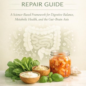 Peut inclure: Couverture de livre intitulée "The Gut Microbiome Repair Guide" avec du texte sur l'équilibre digestif et la santé métabolique. L'image présente un bocal de nourriture orange, des bols de nourriture blanche et jaune, et des légumes verts. L'auteur est Ebenezer Akpati.