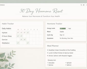 Plantilla de Notion / Planificador de reequilibrio hormonal / Rastreador de bienestar y hábitos / Panel de control de Notion para el equilibrio hormonal y la salud metabólica