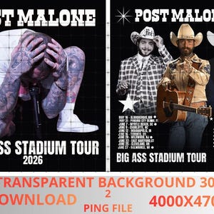 May include: A promotional poster for the Post Malone "Big Ass Stadium Tour 2026." The poster features images of Post Malone, tour dates, and the tour name in bold white text against a black background. The image is available as a PNG file.