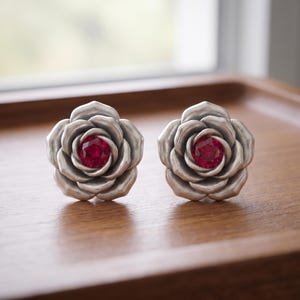 Rose Studs   - 925 Silver Lab Created Ruby Earring Studs