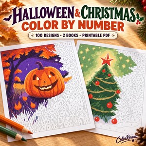 Peut inclure: Deux feuilles d'activités de coloriage par numéro sur les thèmes d'Halloween et de Noël. La feuille d'Halloween montre une citrouille, celle de Noël un sapin décoré. Le texte indique : HALLOWEEN & CHRISTMAS COLOR BY NUMBER.