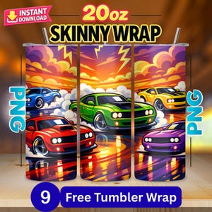 May include: A 20oz skinny wrap tumbler featuring a vibrant design of cartoon cars in red, green, blue, yellow, and purple against a sunset backdrop with lightning bolts. The words "INSTANT DOWNLOAD" and "PNG" are visible.