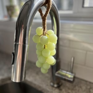 Peut inclure: Un bouquet de raisins verts suspendu à un robinet de cuisine. Les raisins sont attachés à une boucle de ficelle marron. Le robinet est en métal poli. L'arrière-plan est flou, montrant une fenêtre et un comptoir.