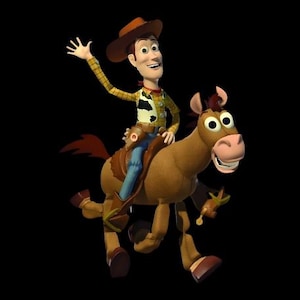 May include: A digitally rendered image of a cowboy character riding a horse. The cowboy wears a brown hat, yellow plaid shirt, and blue jeans. The horse is brown with a smiling face and large eyes. The background is black.