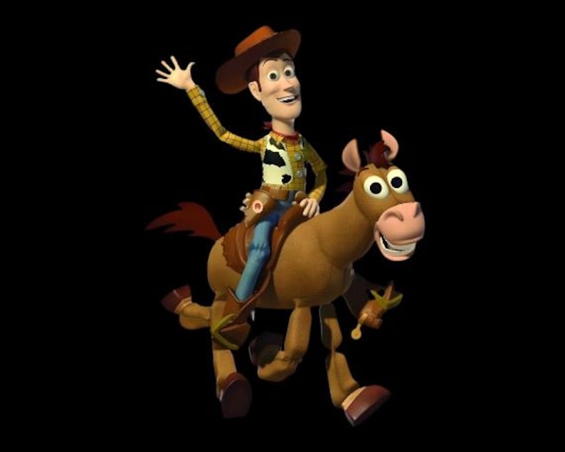 May include: A digitally rendered image of a cowboy character riding a horse. The cowboy wears a brown hat, yellow plaid shirt, and blue jeans. The horse is brown with a smiling face and large eyes. The background is black.
