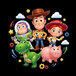 May include: A colorful illustration featuring characters from the Toy Story franchise. Woody, Buzz Lightyear, Jessie, Rex, and Hamm are depicted with a black background and decorative elements like stars and clouds.