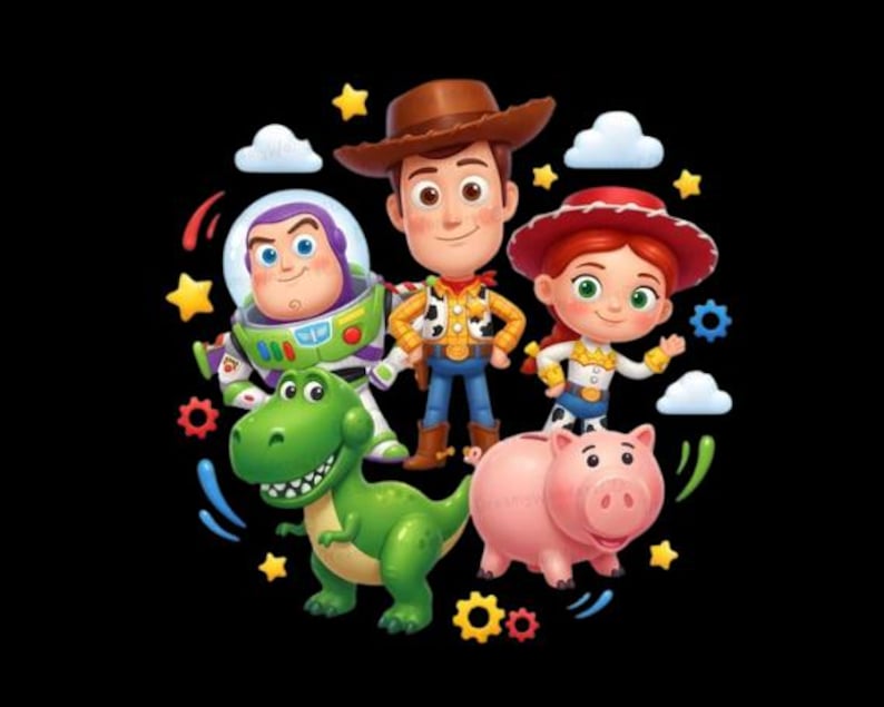 May include: A colorful illustration featuring characters from the Toy Story franchise. Woody, Buzz Lightyear, Jessie, Rex, and Hamm are depicted with a black background and decorative elements like stars and clouds.