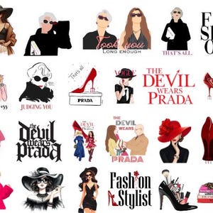 Peut inclure: Une collection d'illustrations et d'éléments textuels sur le thème de la mode. Les images comprennent des représentations de femmes élégantes, de talons hauts et de textes tels que "Fashion", "Prada" et "The Devil Wears Prada". La palette de couleurs est variée, avec du rouge, du noir et du rose.