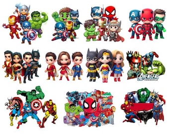 Chibi Superhero Clipart Bundle PNG, Superhero Characters, Superhero Chibi SVG, Baby Avengers Clipart, Iron Man, Spider-Man, Pngs