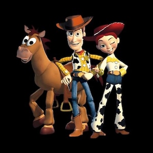May include: A digital illustration featuring characters from the animated film Toy Story. Woody, a cowboy with a brown hat and vest, stands with Jessie, a cowgirl in a white shirt and cow-print pants, and a brown horse.