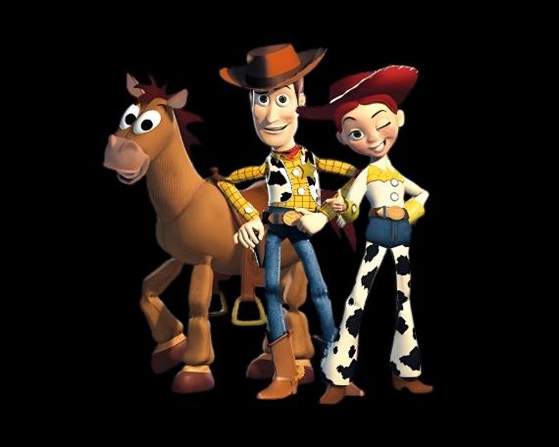 May include: A digital illustration featuring characters from the animated film Toy Story. Woody, a cowboy with a brown hat and vest, stands with Jessie, a cowgirl in a white shirt and cow-print pants, and a brown horse.