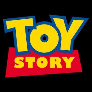 May include: The Toy Story logo on a black background. The word "TOY" is in large, yellow, uppercase letters with a blue outline. The word "STORY" is in yellow, uppercase letters on a red rectangle.