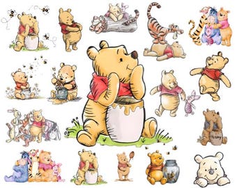 Winnie The Pooh Watercolor Clipart Bundle PNG, Pooh and Friends Clipart, Baby Pooh Bear Nursery Clipart, Piglet Tigger Eeyore PNG