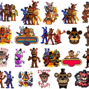 May include: A collection of colorful character figures and graphics from the Five Nights at Freddy's franchise. The image includes various animatronic characters, logos, and text elements, showcasing the game's iconic designs.
