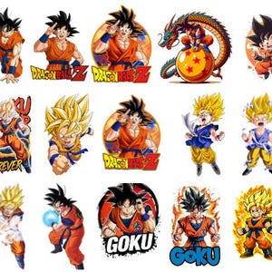 May include: A collection of colorful Dragon Ball Z character illustrations. The images feature Goku in various poses and transformations, with vibrant orange, blue, and yellow color schemes. Some images include the text "Dragon Ball Z" and "Goku".