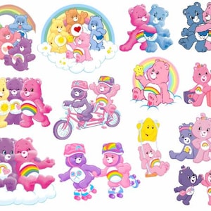 May include: A collection of colorful Care Bear illustrations. The bears are depicted in various poses, including hugging, riding a tandem bicycle, and sitting on clouds. Each bear has a unique color and belly badge, with rainbows and hearts.
