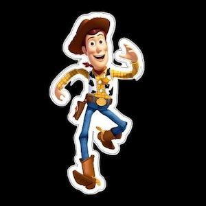 May include: A cartoon image of a Woody action figure from the Toy Story franchise. Woody is wearing a brown cowboy hat, a yellow plaid shirt, a white vest with black cow spots, blue jeans, and brown cowboy boots. He has a red neckerchief and a holster.