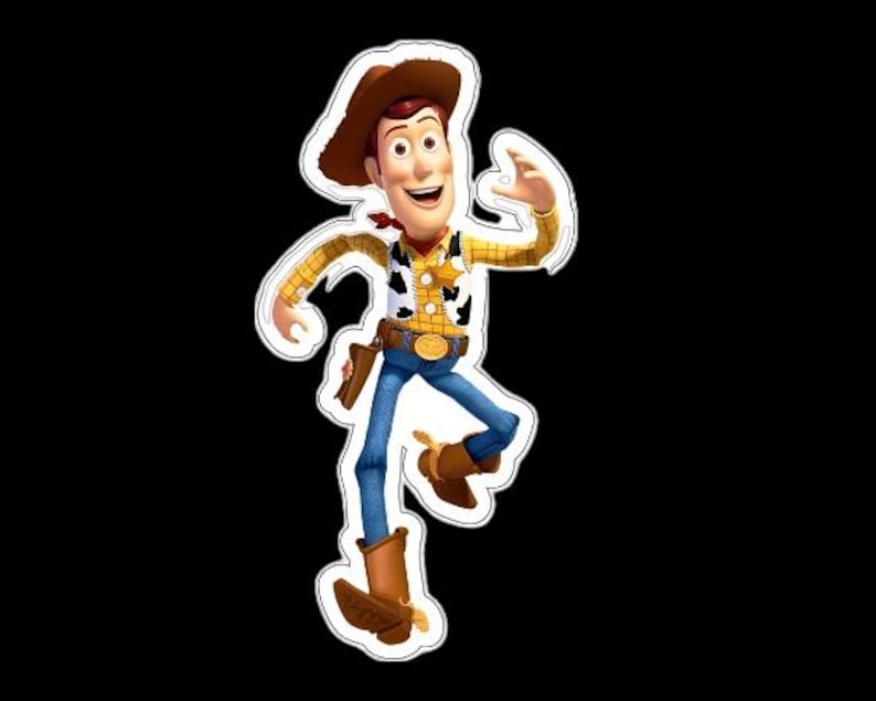 May include: A cartoon image of a Woody action figure from the Toy Story franchise. Woody is wearing a brown cowboy hat, a yellow plaid shirt, a white vest with black cow spots, blue jeans, and brown cowboy boots. He has a red neckerchief and a holster.