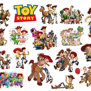 May include: A collection of colorful Toy Story character stickers. The stickers feature Woody, Buzz Lightyear, Jessie, and other characters from the animated film. The "Toy Story" logo is also included in the design. These stickers are perfect for decorating notebooks, laptops, or other items.