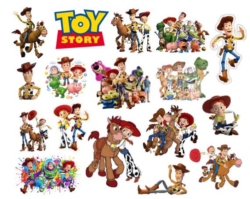 May include: A collection of colorful Toy Story character stickers. The stickers feature Woody, Buzz Lightyear, Jessie, and other characters from the animated film. The "Toy Story" logo is also included in the design. These stickers are perfect for decorating notebooks, laptops, or other items.