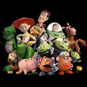 May include: A group of animated characters from the Toy Story franchise, including Woody, Buzz Lightyear, and Rex, are featured against a black background. The characters are in various poses, showcasing their distinct designs and colors.