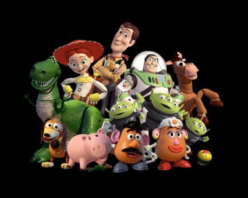 May include: A group of animated characters from the Toy Story franchise, including Woody, Buzz Lightyear, and Rex, are featured against a black background. The characters are in various poses, showcasing their distinct designs and colors.