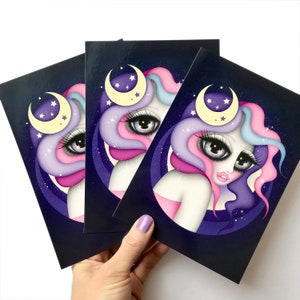 5x7 inches Print - Postcard - Digital Illustration -  Moon, stars, Moon girl