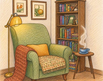 May include: Cozy illustration of a reading nook with a green armchair, orange throw blanket, and a small side table with a cup of coffee. A wooden bookshelf is filled with books, and two framed pictures hang on the wall. A floor lamp provides warm light.