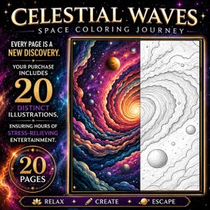May include: A coloring book titled "Celestial Waves" with the subtitle "Space Coloring Journey." The cover features a vibrant, colorful illustration of a nebula and a black and white line drawing of the same image. The book includes 20 distinct illustrations.