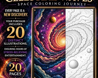 May include: A coloring book titled "Celestial Waves" with the subtitle "Space Coloring Journey." The cover features a vibrant, colorful illustration of a nebula and a black and white line drawing of the same image. The book includes 20 distinct illustrations.