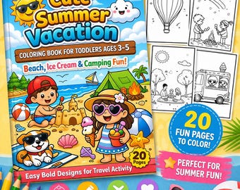 May include: A colorful children's coloring book titled "Cute Summer Vacation" with illustrations of beach, ice cream, and camping scenes. The cover features cartoon characters, a sandcastle, and the text "20 Fun Pages to Color!" and "Easy Bold Designs for Travel Activity."
